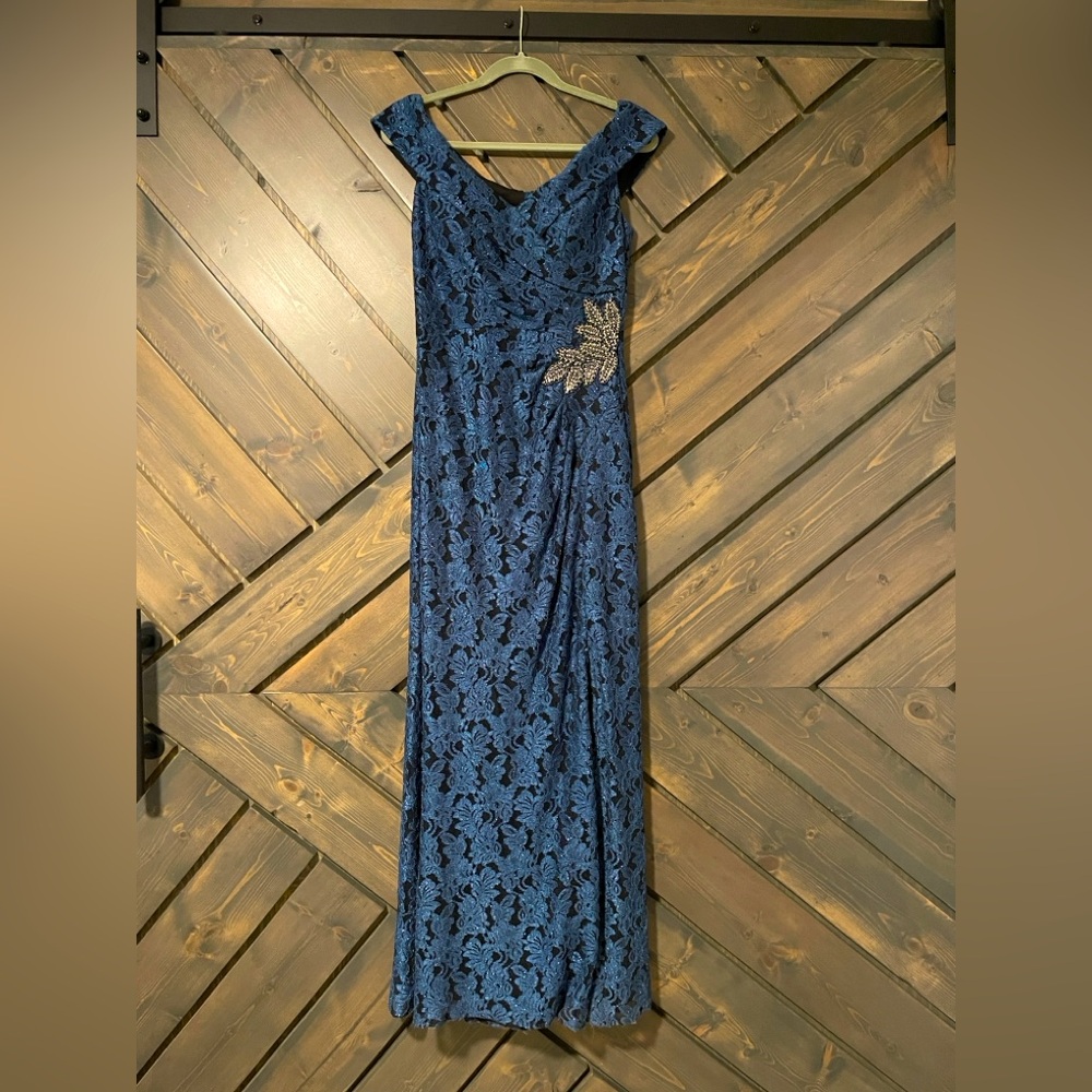 Alex Evenings Blue Off-the-Shoulder Gown for Weddings